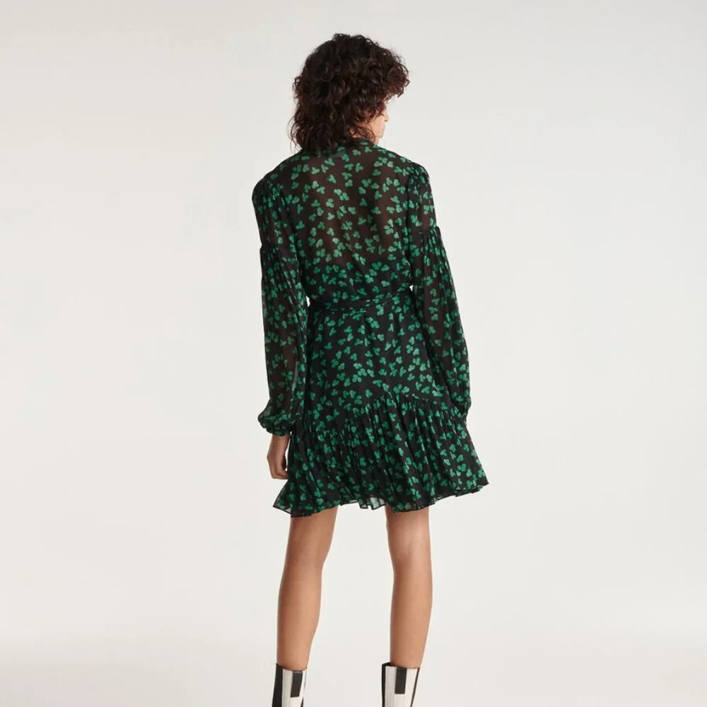 The kooples SHORT BLACK DRESS WITH GREEN PATTERN AND BELT